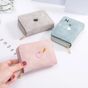 Portefeuille Femme Court Cuir PU Mat Accordéon Porte Cartes Fermeture Éclair Monnaie Broderie Animaux Mignonne Petit Pochette