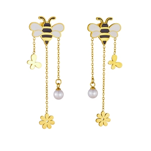 Elegant gold stainless steel bee tassel earrings with butterfly flower and pearl charms