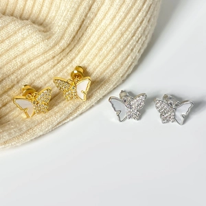Elegant butterfly stud earrings with sparkling cubic zirconia and white shell inlay
