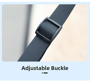 Detail of high-density black woven strap with adjustable plastic buckle for dog harness