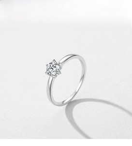 Detailed view of a six-prong crown setting with a brilliant round cut sparkling diamond