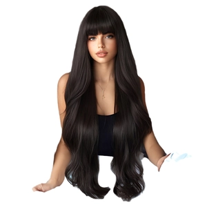 Elegant long wavy black wig with bangs, natural synthetic hair styled on a professional model
