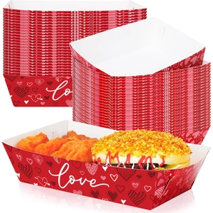 Valentine's Day red heart pattern disposable paper food boats filled with snacks and burger