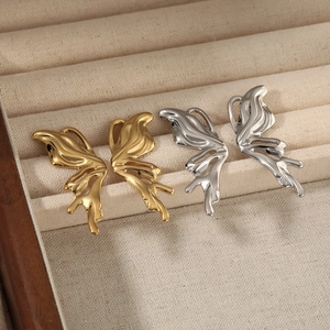 Elegant butterfly wing stud earrings in polished gold and silver finish 3D metal design