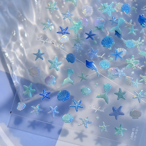 Détails d'autocollants océan 3D avec queues de sirène et motifs d'étoiles de mer holographiques
