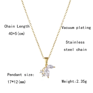 Detailed specs of the gold leaf pendant necklace featuring vacuum plating on stainless steel
