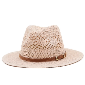 Beige hand-woven straw fedora hat with brown leather belt and breathable hollow design