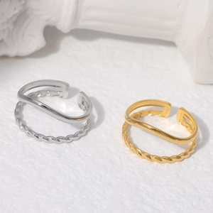 Minimalist double-layer adjustable stainless steel rings in gold and silver twisted design