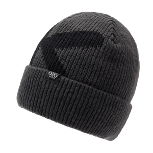 Dark grey ribbed beanie hat with jacquard pattern and logo label for winter warmth