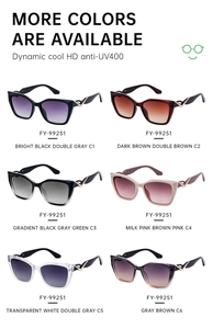 Cat-eye sunglasses grid showing six colors including black, brown, and pink with UV400 protection