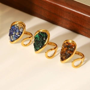 French vintage gold-plated stainless steel open rings with water drop natural stones
