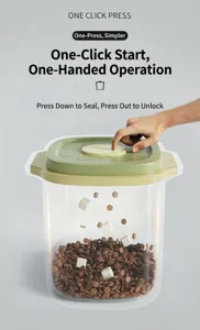 Detail view of vacuum sealed pet food container with one-click press lid and green accents