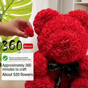Handmade red PE rose flower bear with Just For You ribbon on wooden background