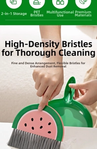 Detail of mini watermelon dustpan set with high-density PET bristles and 2-in-1 storage