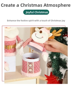Detail of pink Christmas gift jars featuring Santa and Reindeer with plush fur trim
