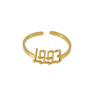 Minimalist gold 1993 birth year adjustable open ring with gothic lettering design