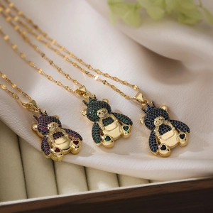 Bear Pendant Necklace Copper Gold Plated Cubic Zirconia Crown Animal Jewelry Elegant Fashionable For Women