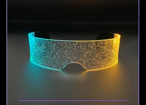 Macro view of LED cyberpunk glasses with blue and gold gradient light on textured acrylic
