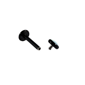 Black stainless steel flat back labret stud with internal thread and blue reflective ball