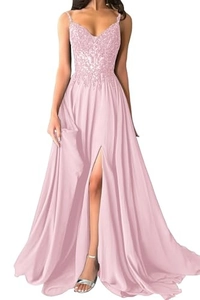 Detail of elegant lace sequins and V-neck bodice on light pink chiffon maxi gown