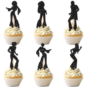 Disco Dancer Silhouette Cupcake Toppers Glittery Black Paper For Birthday Party Retro Music Theme Dessert Decoration