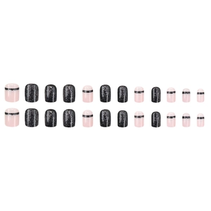 24pcs short square press-on nails with glittery black and minimalist pink line designs