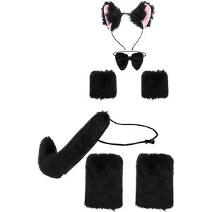Black leopard lion cat ears and tail costume set with plush paws for Halloween party cosplay
