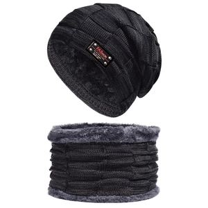 Winter black knitted beanie and neck warmer set with warm fleece lining for men and women