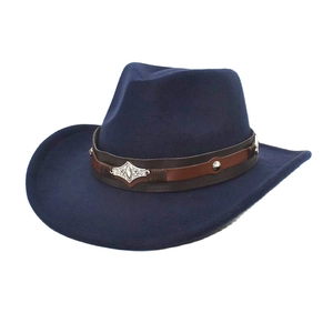 Classic navy blue felt western cowboy hat with decorative vintage leather band