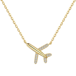 Elegant gold airplane pendant necklace with sparkling cubic zirconia on white background
