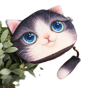3D cat plush pouch with realistic blue eyes and a long furry tail zipper charm