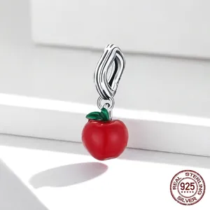 S925 sterling silver red apple charm pendant with green leaf for DIY charm bracelets