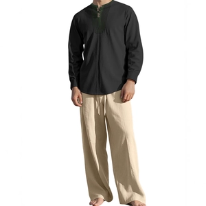 Men's retro linen long sleeve shirt and beige wide-leg pants two-piece beach set