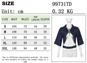 Size chart showing denim crop top measurements for S, M, L, XL, XXL in centimeters