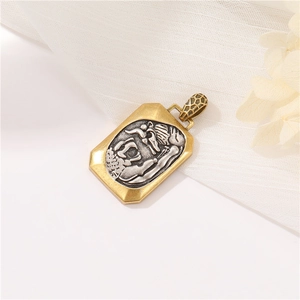 Macro detail of rectangular Roman portrait relief pendant with vintage gold and silver finish