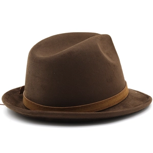 Detailed view of the dark brown suede fedora hat with a premium leather band trim