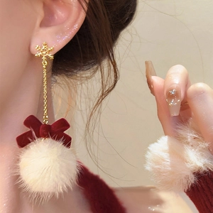 Christmas snowflake bow earrings with red velvet and white plush pompom drops