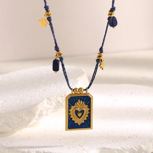 Sacred Heart Square Tag Pendant Necklace Stainless Steel 18K Gold Plated Blue Woven Rope Vintage Star Charm Jewelry For Women