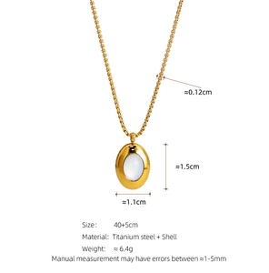 Detail view of gold steel necklace with shell pendant dimensions and 40+5cm chain size