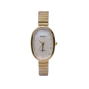 Elegant gold quartz watch with oval pearl dial and diamond markers for women