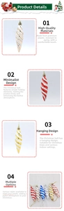 Detailed view of spiral Christmas ornaments with glitter finish and hanging loop design