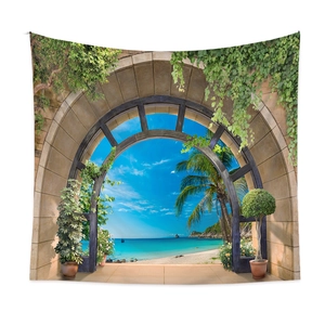 Détail d'une tapisserie murale 3D arche en pierre avec plage et vignes vertes