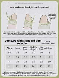 Size guide with measuring methods and size chart for short press-on nails