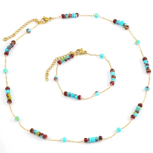 18K gold plated jewelry set with colorful natural stones necklace and bracelet set