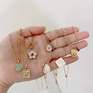 Elegant Stainless Steel Necklace Shell Nacre Butterfly Heart Crown Pendant Gold Plated Geometric Jewelry For Women