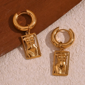 Detailed view of 18K gold plated earrings featuring artistic female torso rectangular pendants