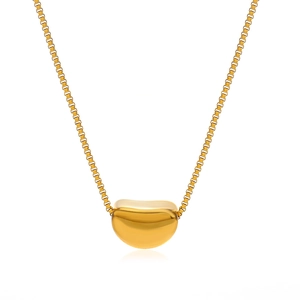 Minimalist gold bean pendant necklace with a delicate metal chain on white background