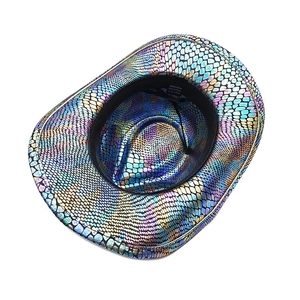 Close-up of internal tag and laser snake texture on colorful stage performance cowboy hat