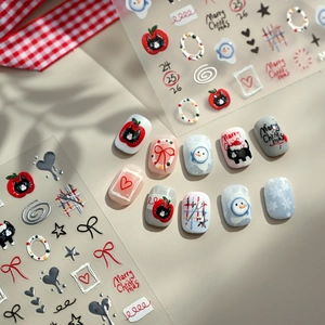 Christmas nail art stickers with cute black cat, red apple and snowman designs
