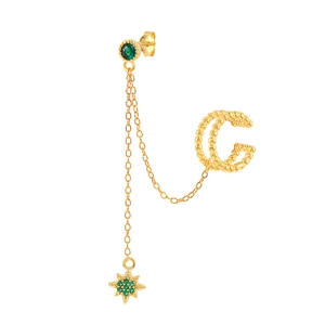 Detail of gold chain earring with green zircon stud and star cuff connector